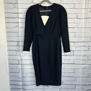 Vintage Louis Féraud Black Wool Cocktail Dress 10 V-Neck Long Sleeve Knee-Length